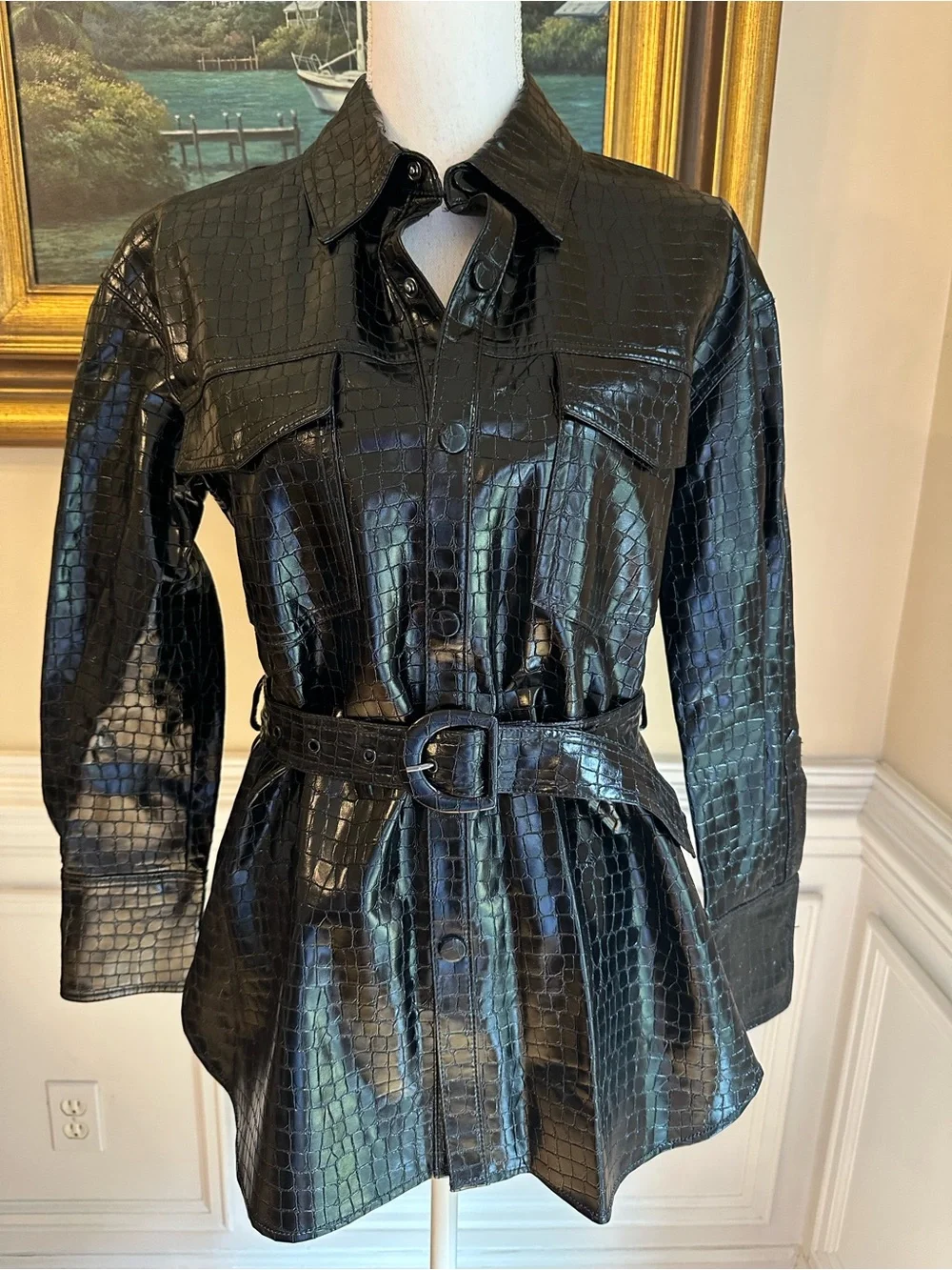 ZARA Black Faux Leather Croc Embossed Shirt Belted Jacket NWT